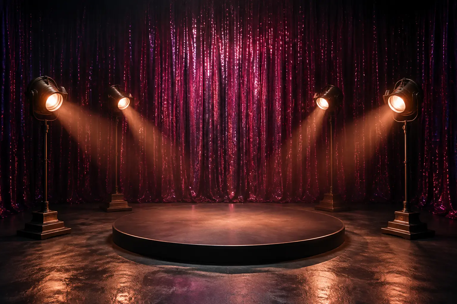 An empty circular stage framed by four spotlights and a fuchsia curtain