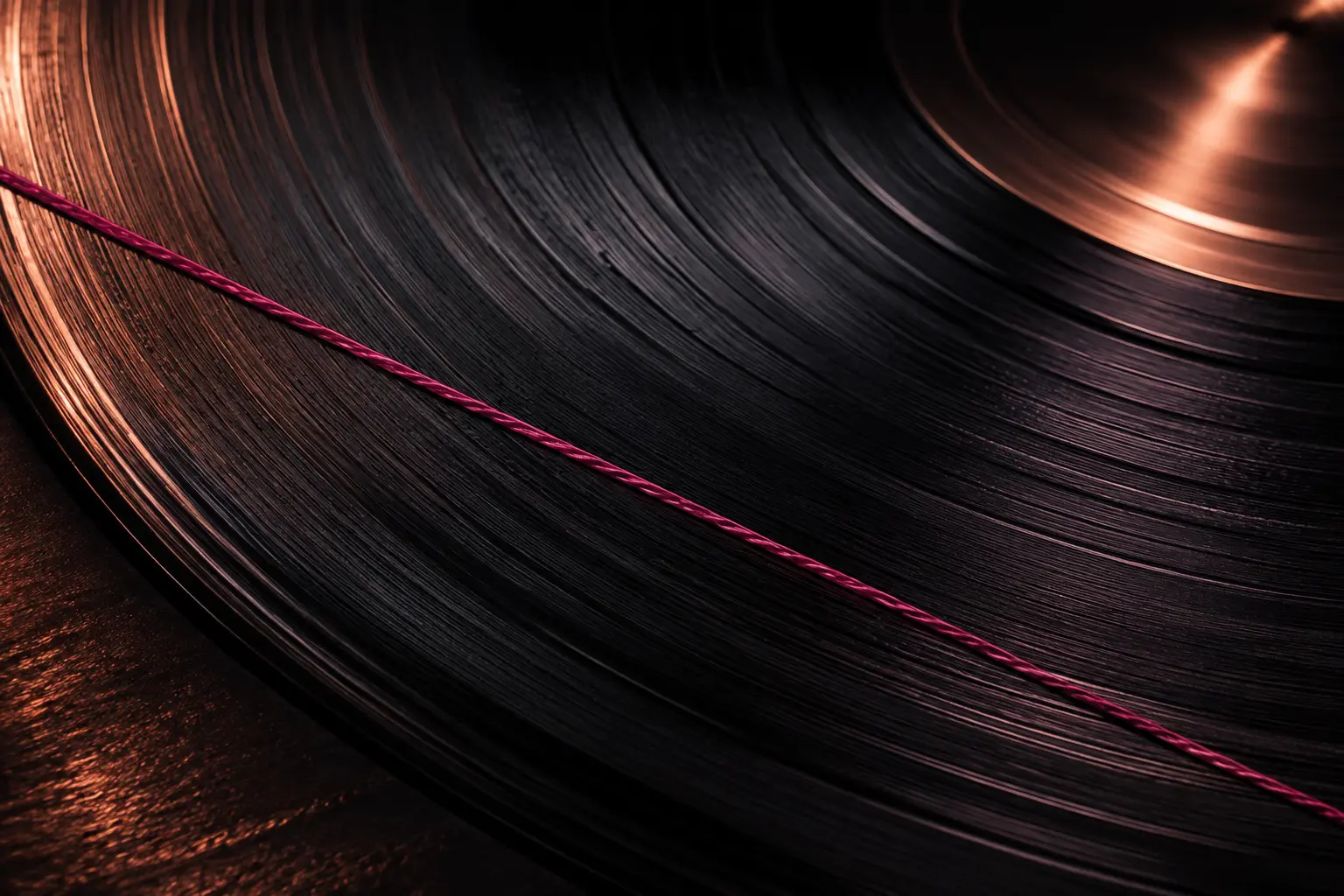 Black vinyl grooves crossed by a single metallic fuchsia thread